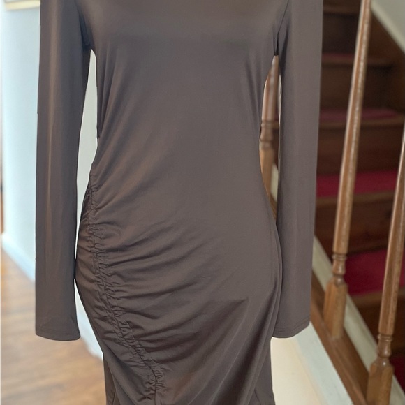 Elegant Brown Turtleneck Ruched Dress Soft Spandex Fabric - Picture 6 of 6